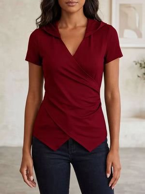 Red ruched hooded t-shirt with short sleeves and a crossover hem.