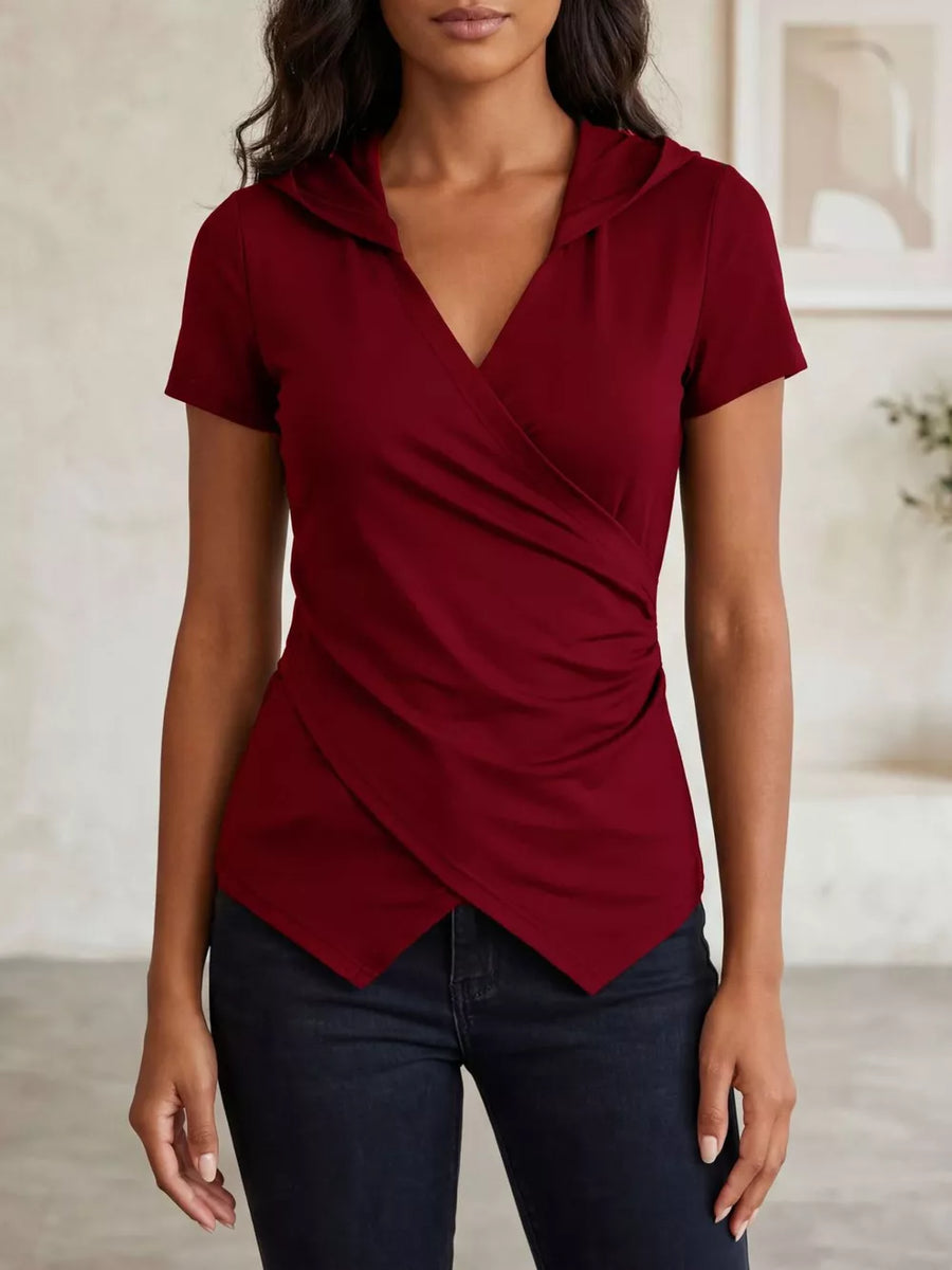 Red ruched hooded t-shirt with short sleeves and a crossover hem.