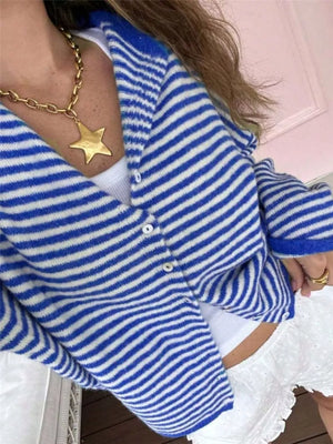 Striped Knit Button Up Cardigan in Pink