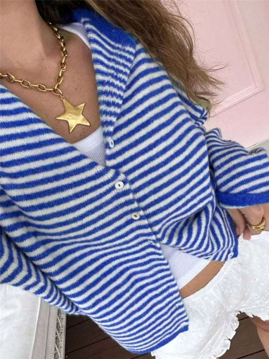 Striped Knit Button Up Cardigan in Pink