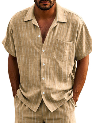 Khaki striped cotton camp collar shirt with button-down front and chest pocket.