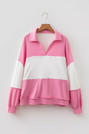 Color Block Ricrac Trim V Neck Long Sleeve Top option 6