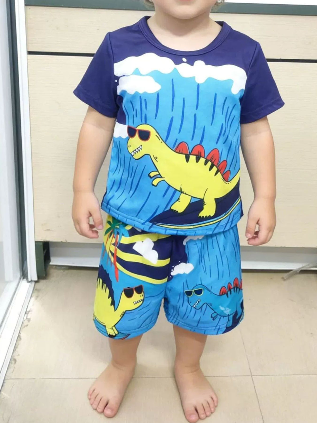 Toddler blue dinosaur print crew neck t-shirt and shorts set