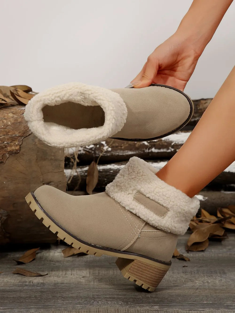 Taupe suede ankle boots with sherpa trim and lug sole
