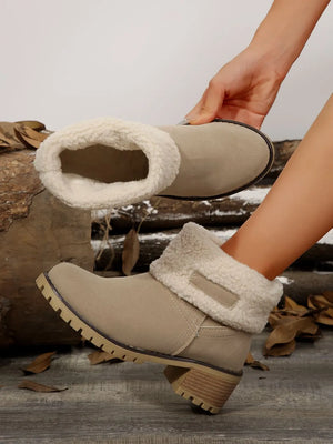 Taupe suede ankle boots with sherpa trim and lug sole
