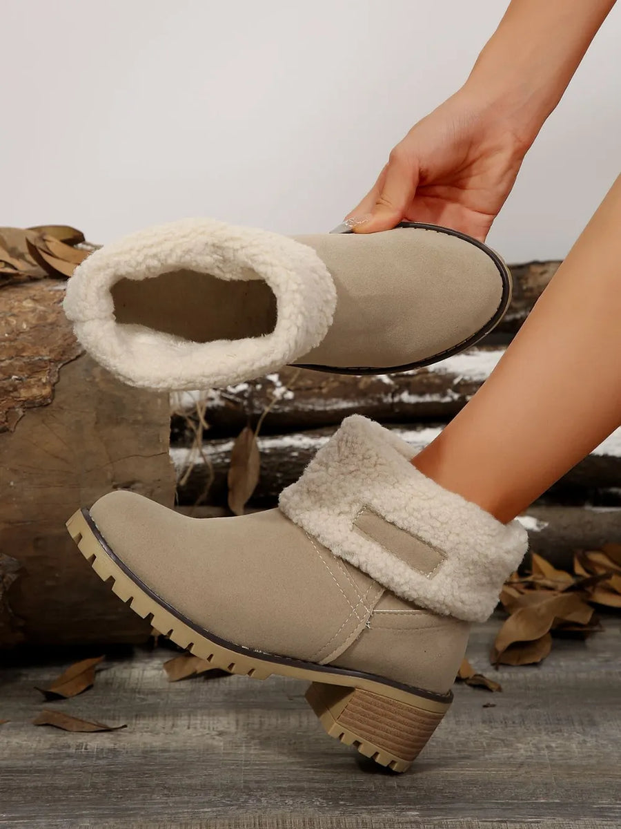 Taupe suede ankle boots with sherpa trim and lug sole