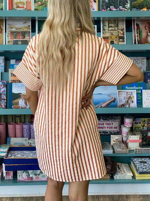 Striped V-neck shift mini dress with short sleeves in a textured fabric.