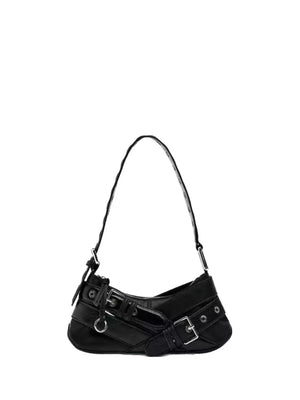 Black shoulder bag with multiple buckles and strap details