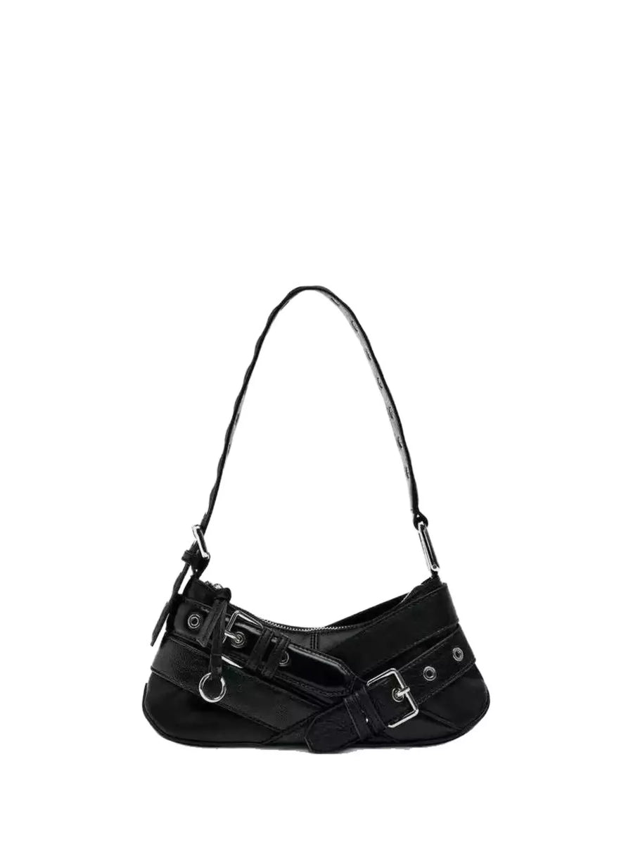 Black shoulder bag with multiple buckles and strap details