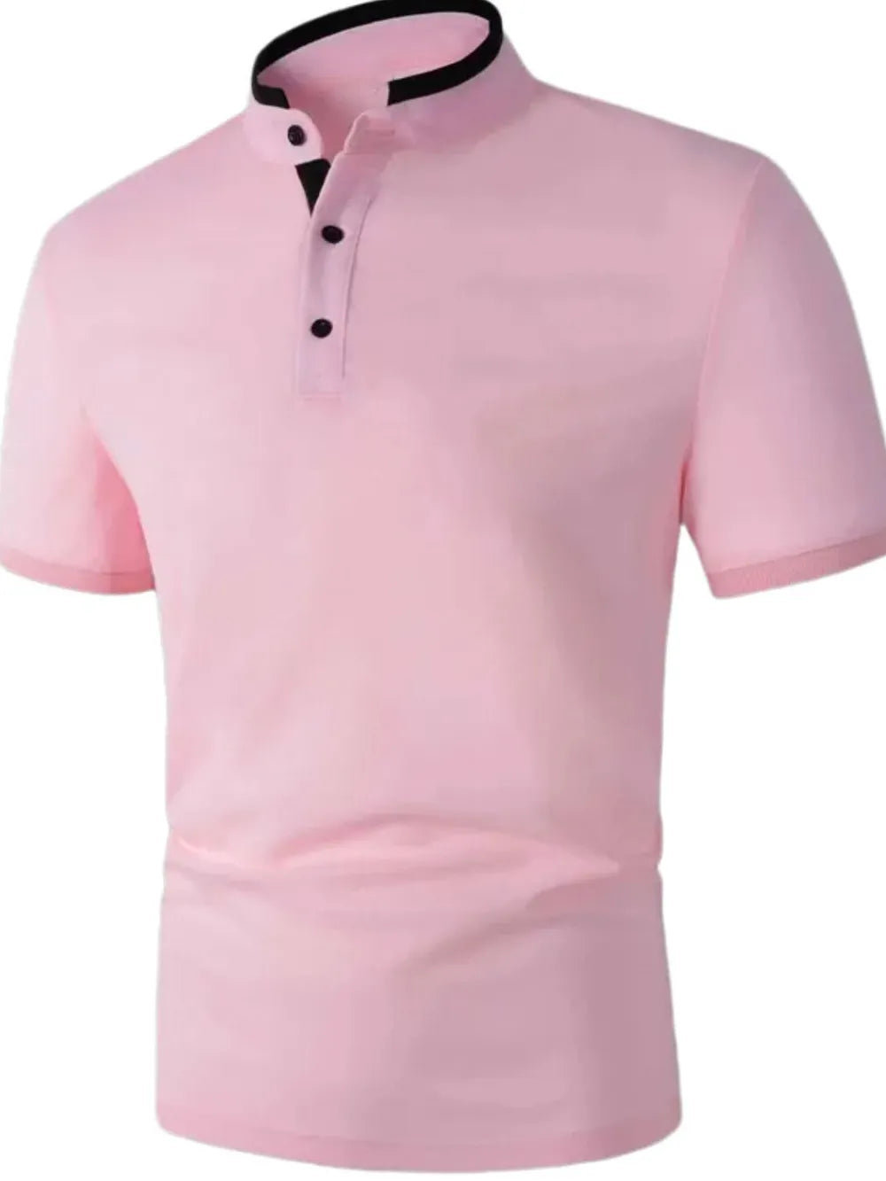 Men's dusty pink polo shirt with contrast collar and black buttons