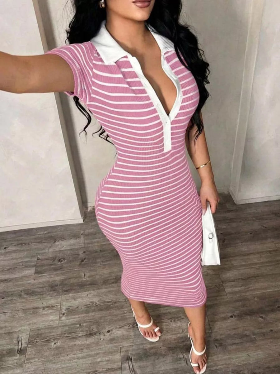 Pink and white striped polo midi dress with button detail and white collar.
