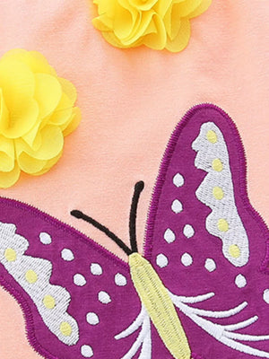 Peach cotton undershirt with purple butterfly applique and yellow floral embellishments.