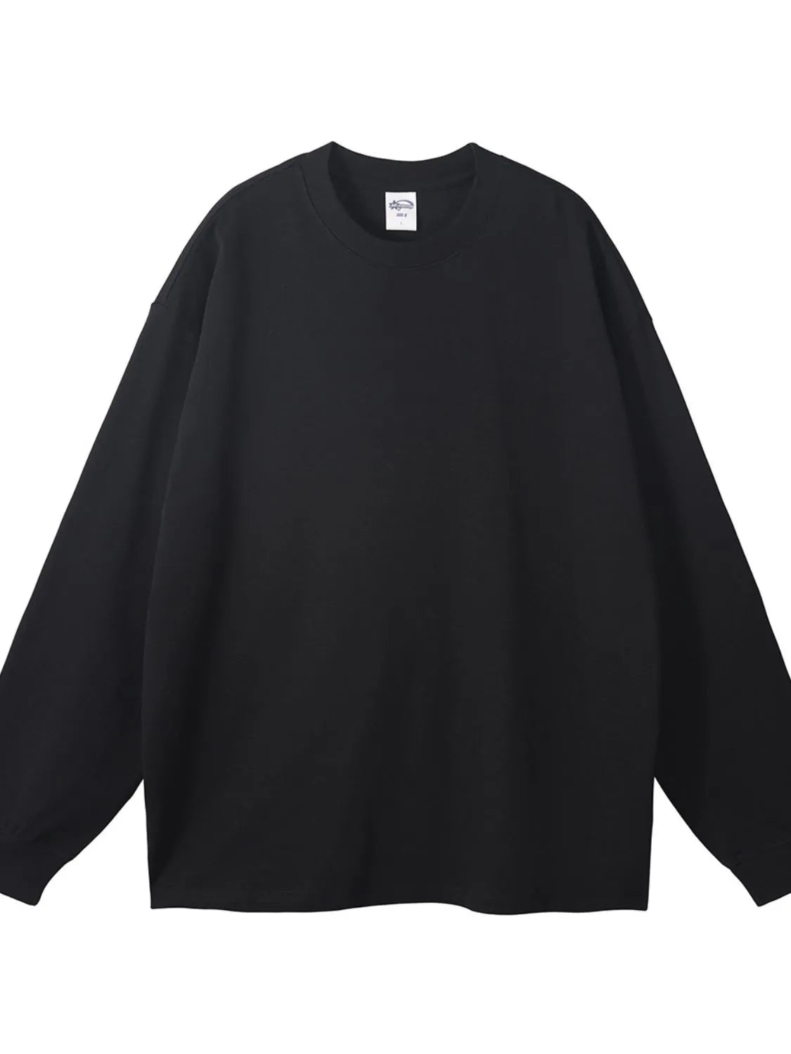 Black 100% cotton oversized drop-shoulder crewneck pullover sweatshirt with long sleeves.