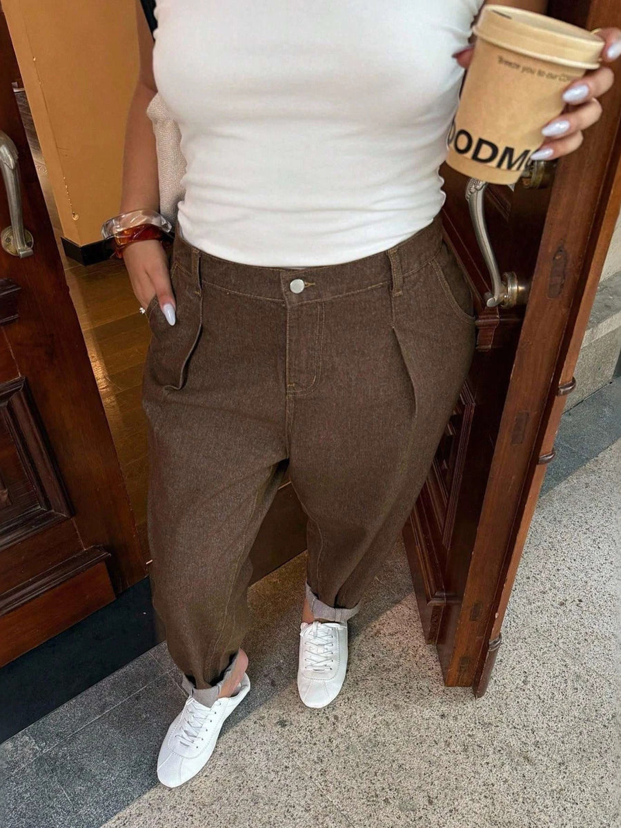brown jeans with full-length and button-front