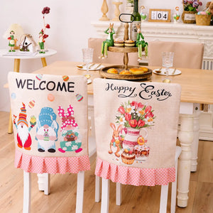 Easter gnome & bunny chair covers with pink polka dot trim, one says Welcome, the other Happy Easter.