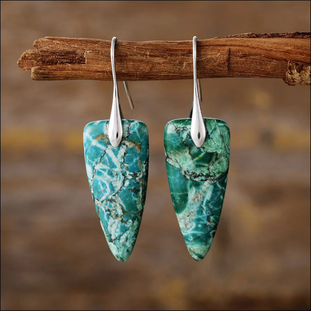 Glitter Vein Stone Drop Earrings in Silver/Green and Gold/Green with unique marbled patterns.