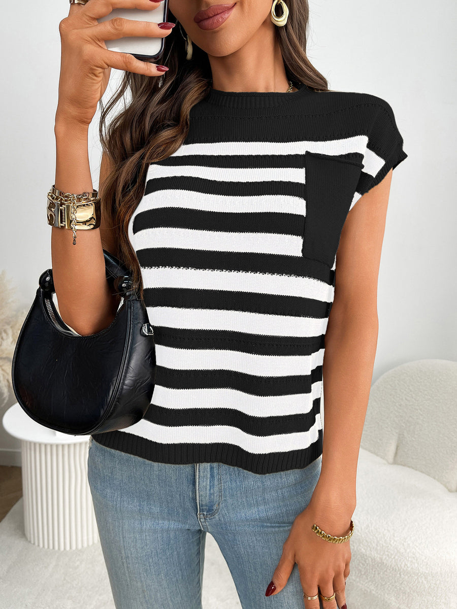 Black and white striped knit sweater with a mock neck and chest pocket.