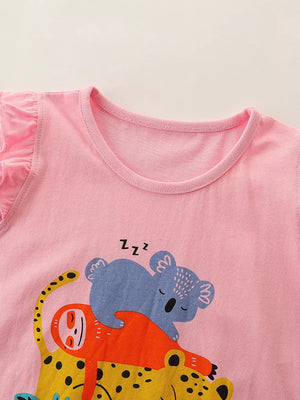 Pink toddler sleep shirt with cap sleeves and animal print graphic of sleeping koala and monkey.