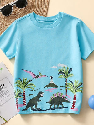 Toddler blue 100% cotton t-shirt with dinosaur adventure graphic print, short sleeves, crew neck.