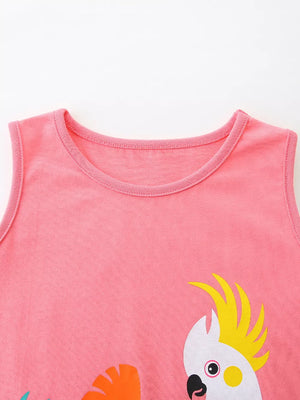 Toddler pink cotton sleeveless dress with tropical parrot print
