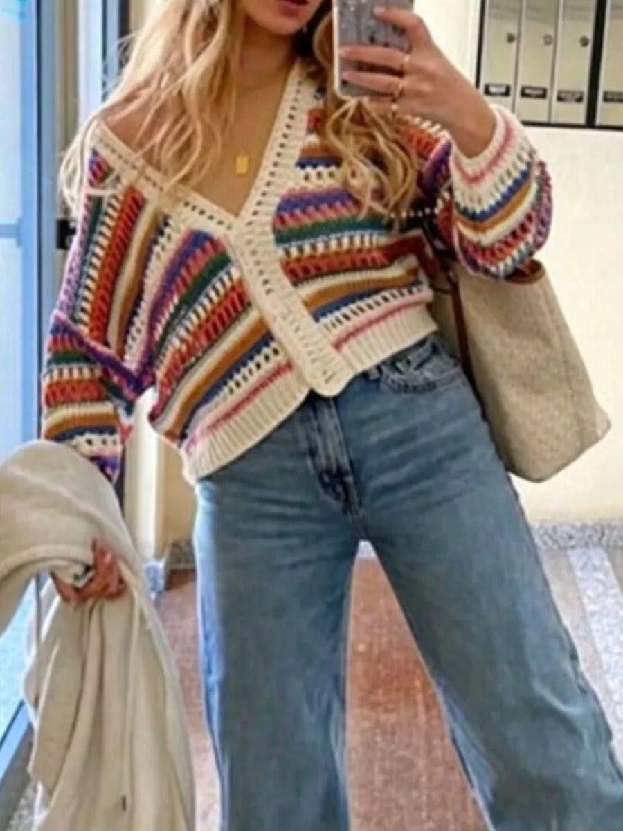 Color Stripes, Striped Crochet Knit Cardigan in Color Stripes