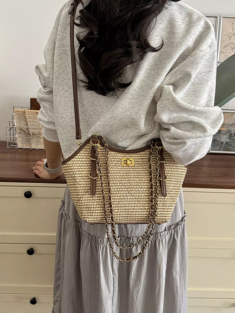 crossbody bag featuring geometric in Brown with PU Leather, Straw weaving Imported Size &amp texture