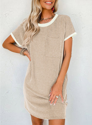 Beige striped t-shirt dress with crew neck, short sleeves, and a chest pocket.
