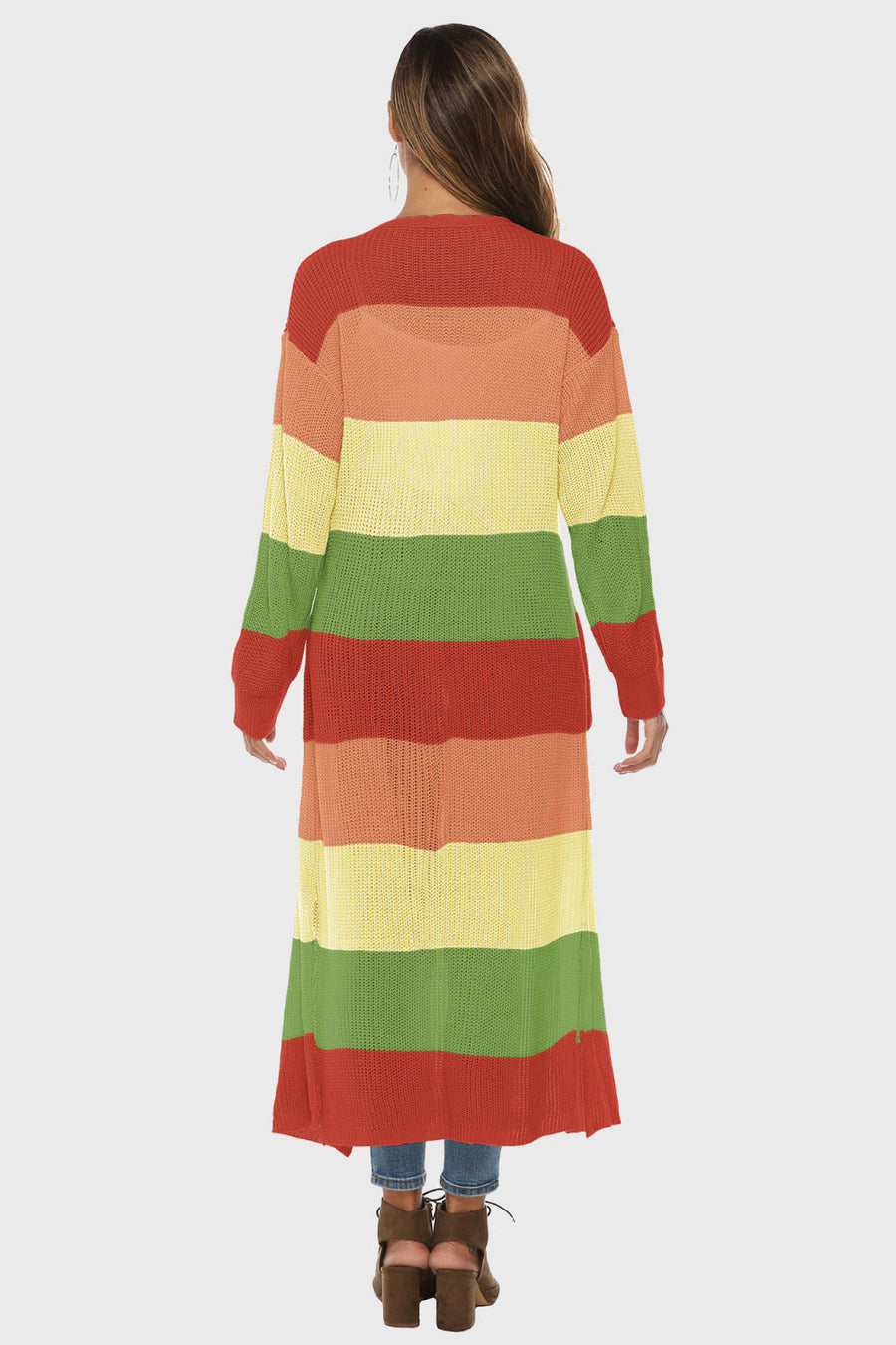 Maxi cardigan with rainbow stripes in red, orange, yellow, and green acrylic knit.