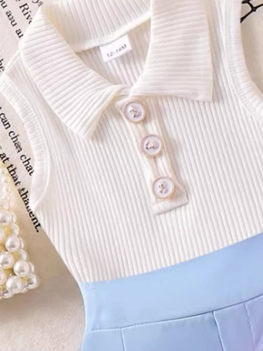 Blue with Children's Ribbed Knit Polo Top & Scalloped Shorts Set
