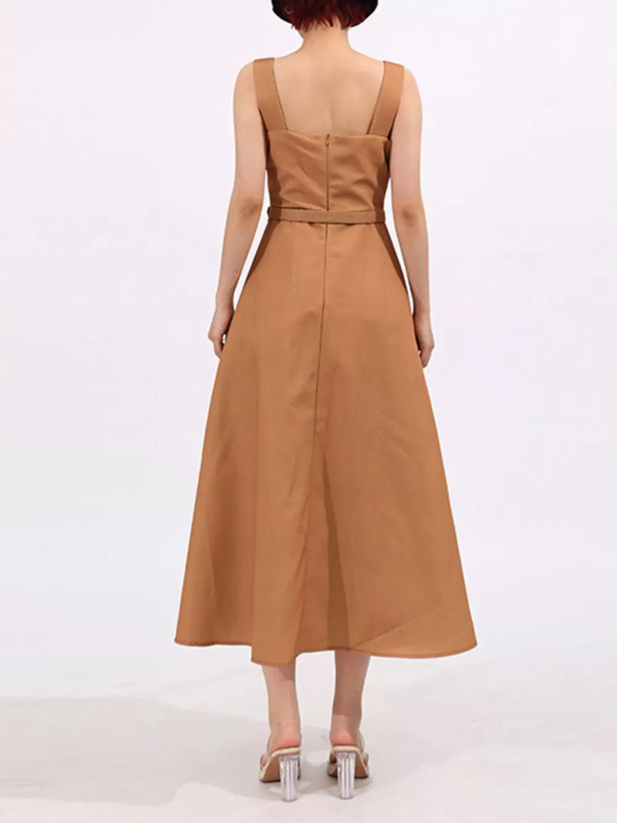 Brown midi dress with square neckline, sleeveless, belted waist, and A-line skirt.