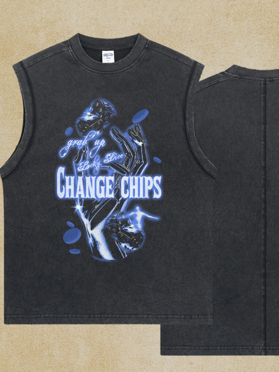 Black vintage wash graphic sleeveless tee with neon blue dice and text graphic.