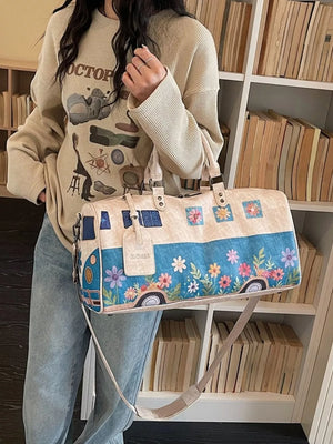 Flower Power Large Duffel Bag with camper van and floral print