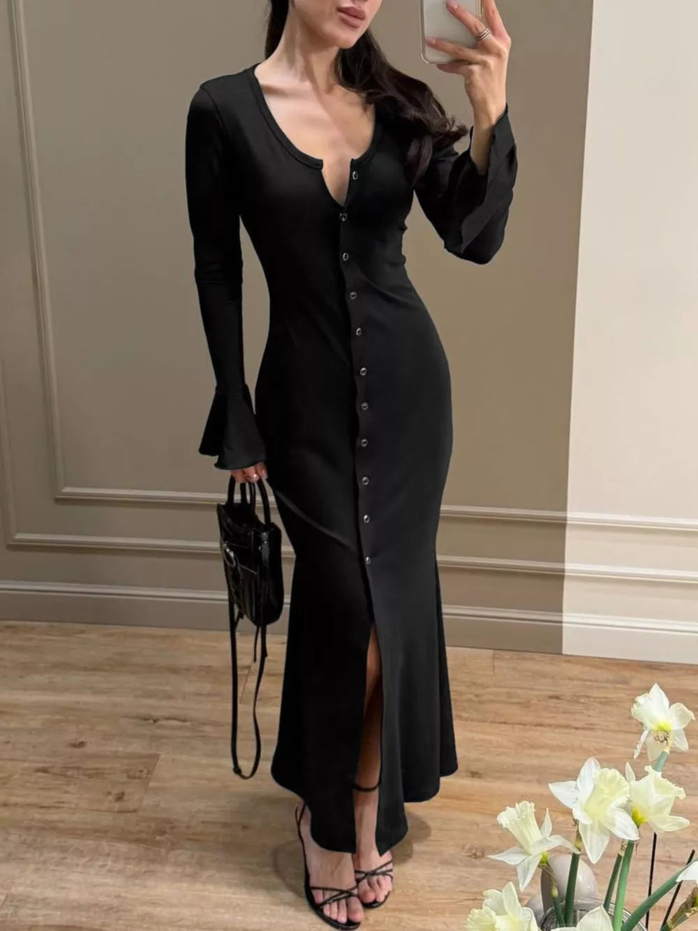 Khaki fitted bodycon dress with scoop neck