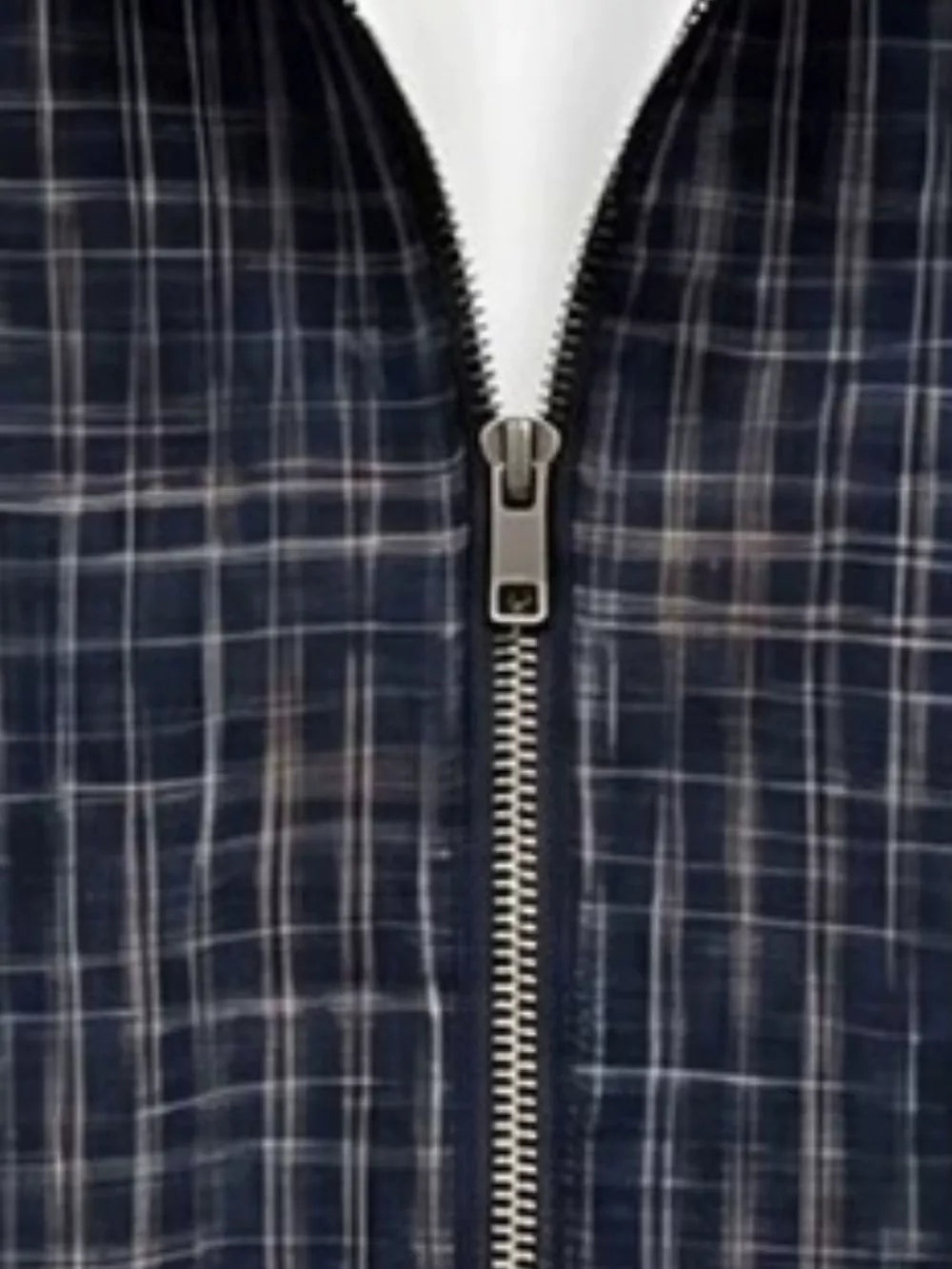 Men's Plus Size Plaid Zipper Short Sleeve Shirt in Navy Blue