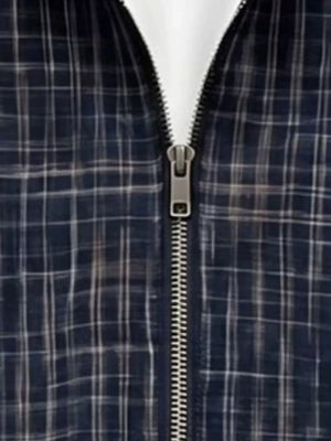 Men's Plus Size Plaid Zipper Short Sleeve Shirt in Navy Blue