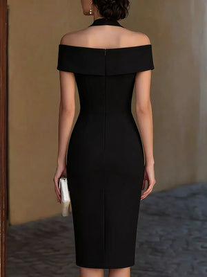 Black asymmetrical midi dress with off-the-shoulder neckline and halter detail.