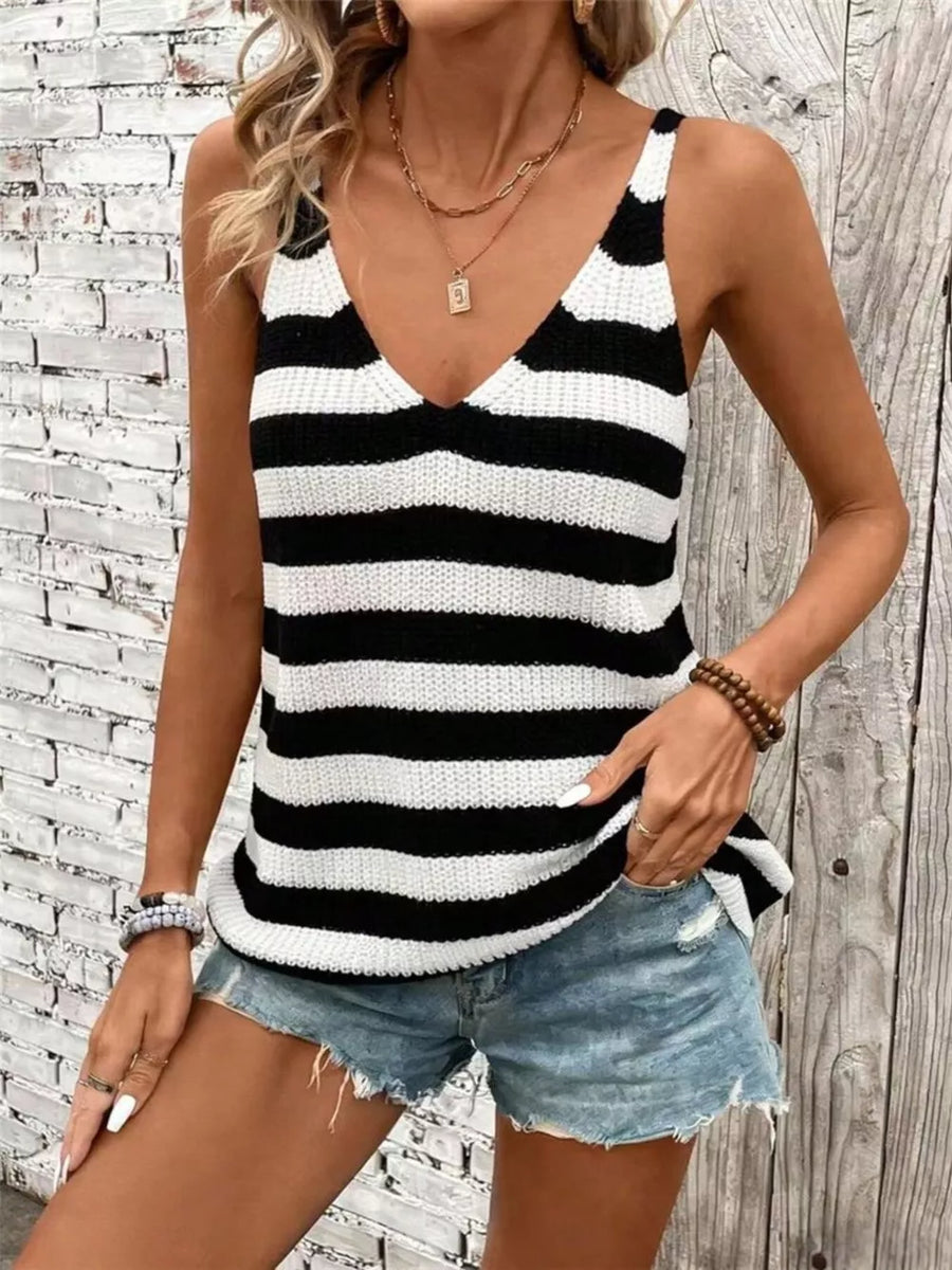 Relaxed striped V-neck tank top in black and white knit with a relaxed fit.