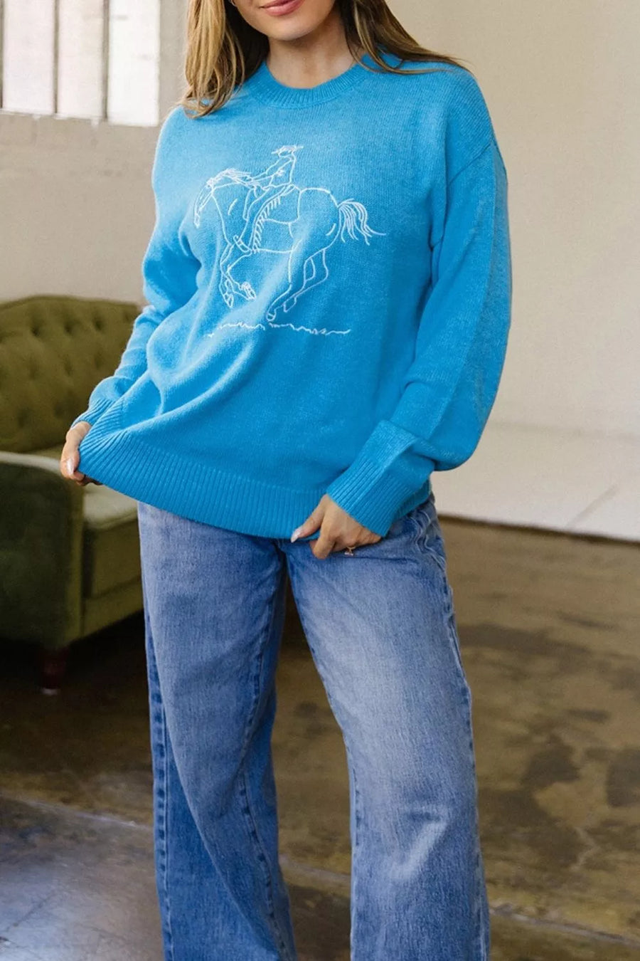 Sky Blue with Western Embroidery Drop Shoulder Sweater in Sky Blue