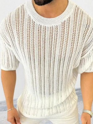 Open-knit boxy crew neck sweater in ivory acrylic with short sleeves.