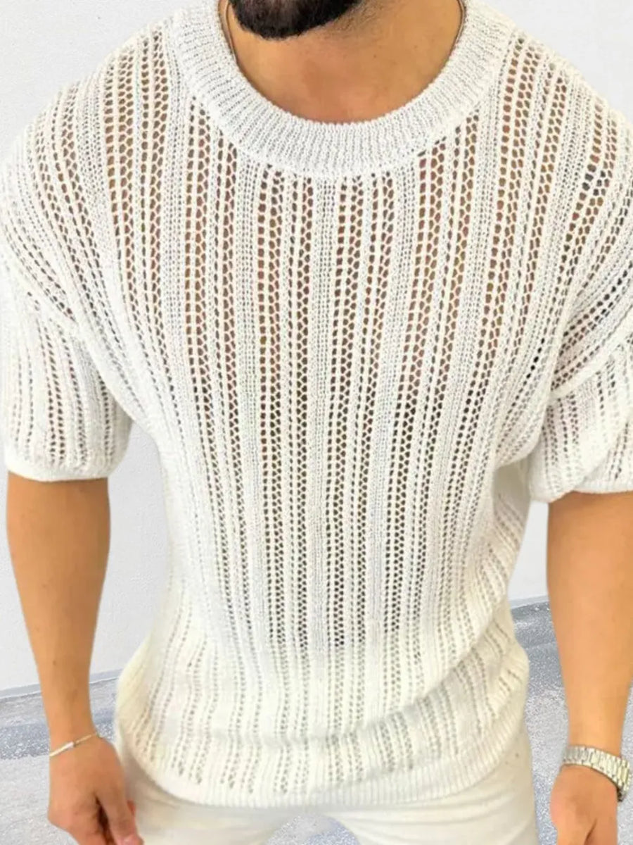 Open-knit boxy crew neck sweater in ivory acrylic with short sleeves.
