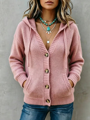 Hooded Button-Down Knit Cardigan With Pockets in Khaki Color with hooded