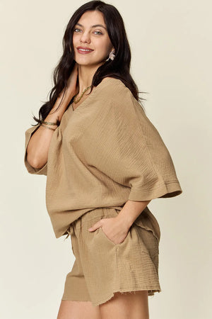 Khaki textured cotton half sleeve top and drawstring shorts set