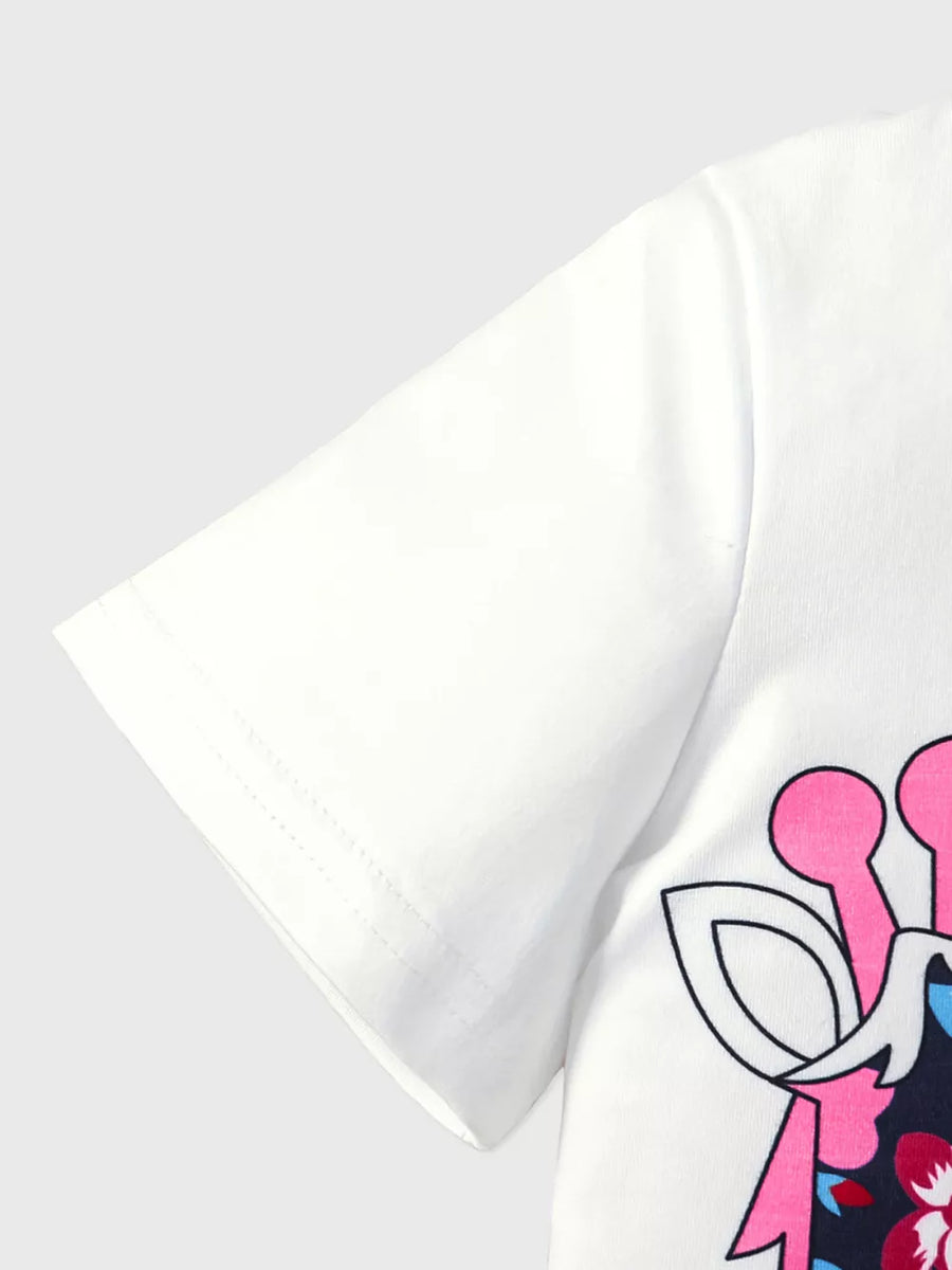 White cotton baby tee with colorful floral giraffe graphic and short sleeves.