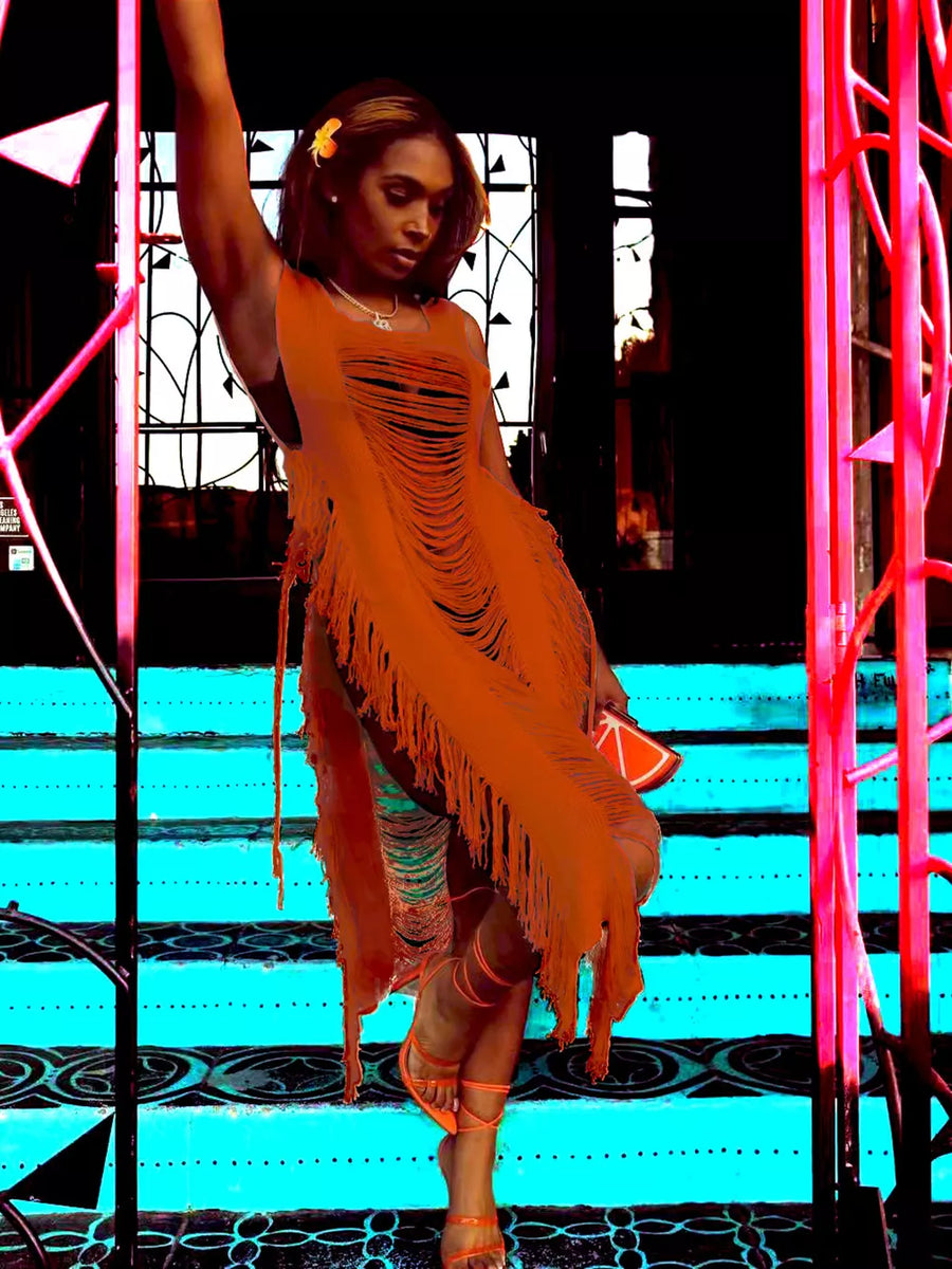 Orange distressed fringe square neck midi dress with bodycon cut and avant-garde details.