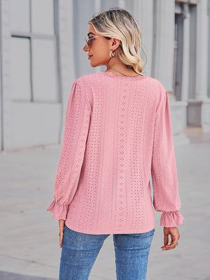 Blush pink lace-cut prairie blouse with ruffled sleeves and eyelet pattern