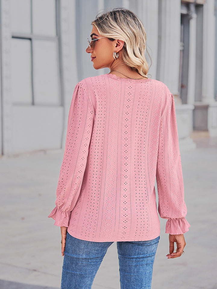 Blush pink lace-cut prairie blouse with ruffled sleeves and eyelet pattern