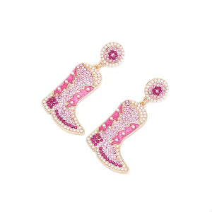 Dazzling rose red cowboy boot dangle earrings with pearls and rhinestones.