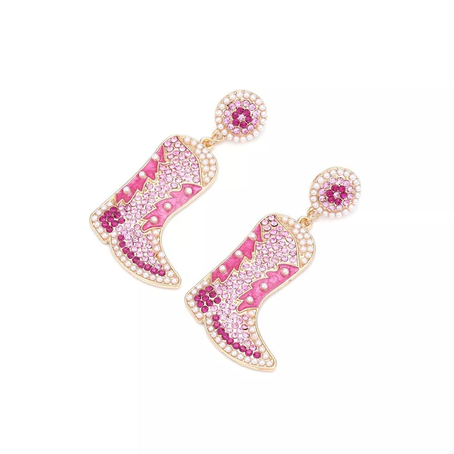 Dazzling rose red cowboy boot dangle earrings with pearls and rhinestones.