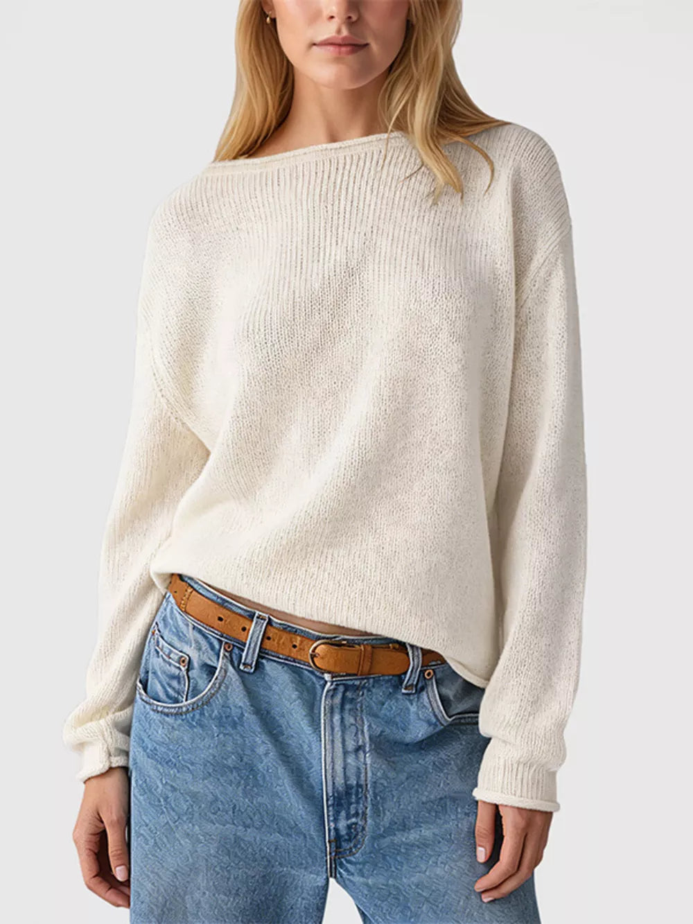 ivory relaxed pullover sweater with boat neck