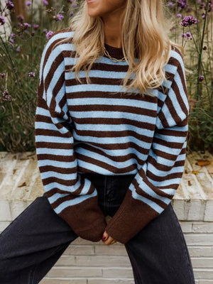 chocolate brown pullover sweater featuring ribbed cuffs and striped